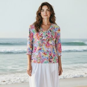 Ralph Lauren Multicolor Floral Ruffle Neck Peasant Top